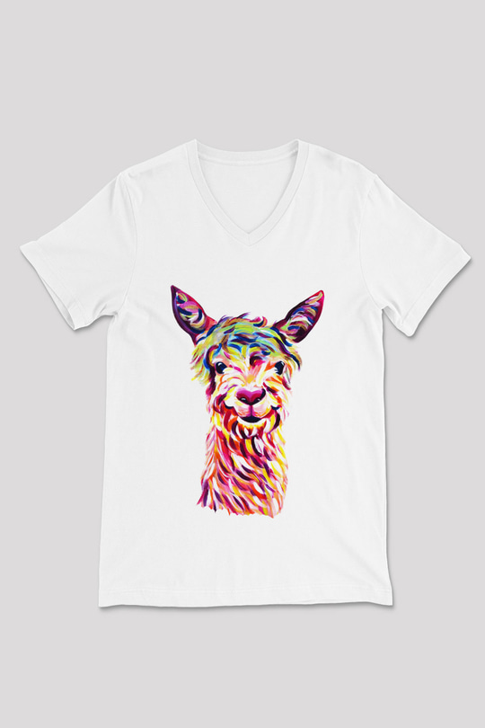 Lama Beyaz Unisex V Yaka Tişört T-Shirt
