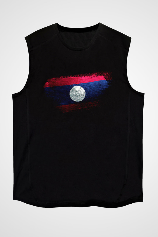 Laos Bayrağı Baskılı Unisex Siyah Kolsuz Tişört