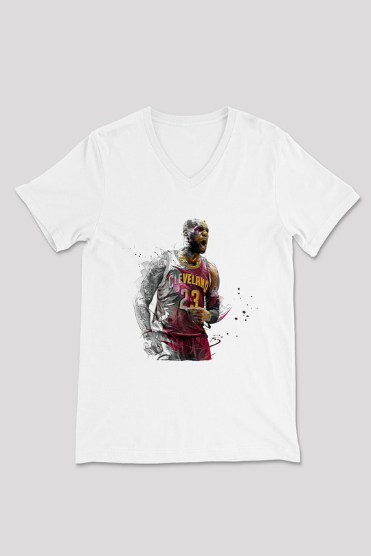 Lebron James Baskılı Beyaz Unisex V Yaka Tişört - Tshirt