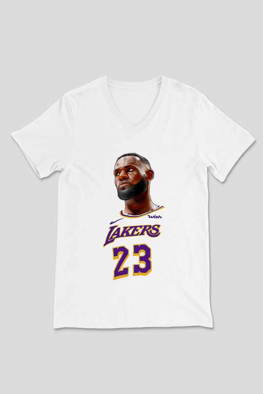 Lebron James Baskılı Beyaz Unisex V Yaka Tişört - Tshirt