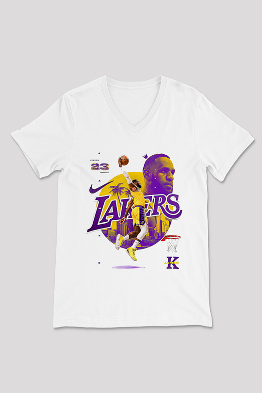 Lebron James Baskılı Beyaz Unisex V Yaka Tişört - Tshirt