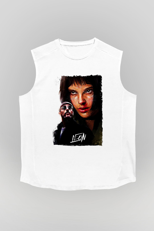 Leon Baskılı Beyaz Unisex Kolsuz Tişört - Tshirt