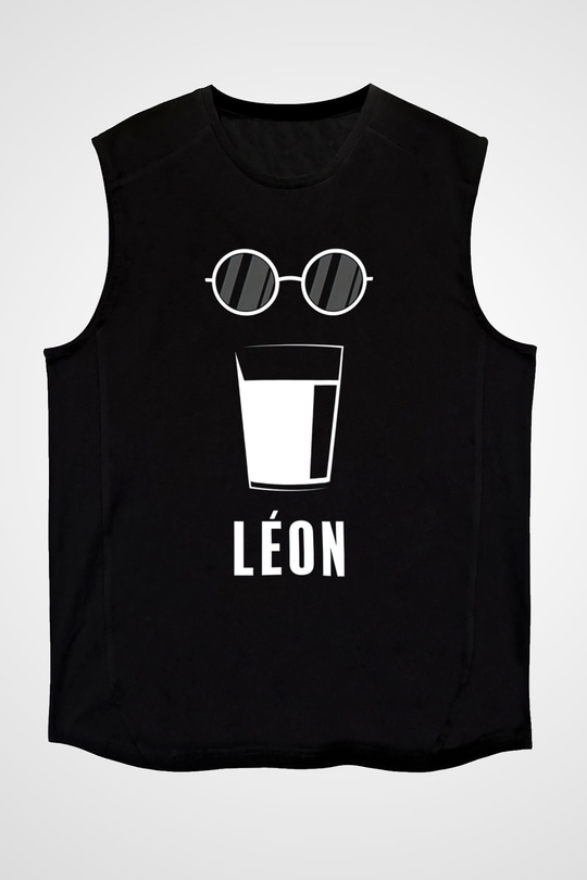Leon Baskılı Unisex Siyah Kolsuz Tişört - Tshirt
