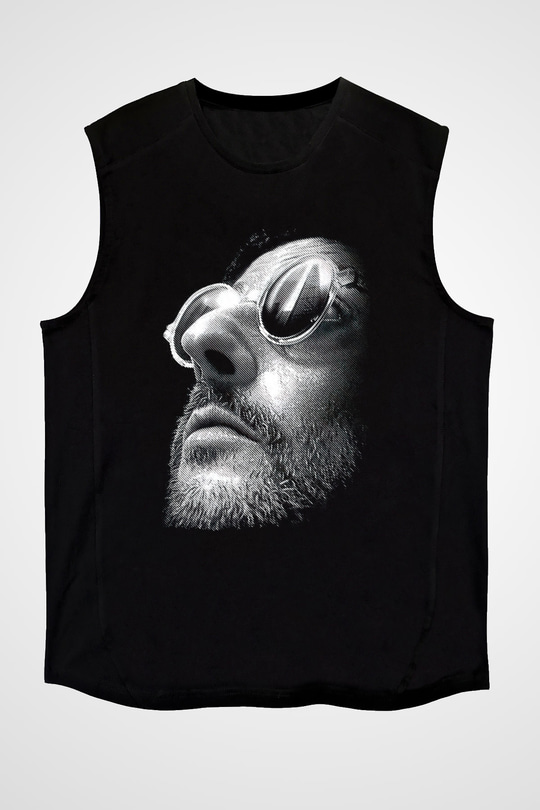 Leon Baskılı Unisex Siyah Kolsuz Tişört - Tshirt