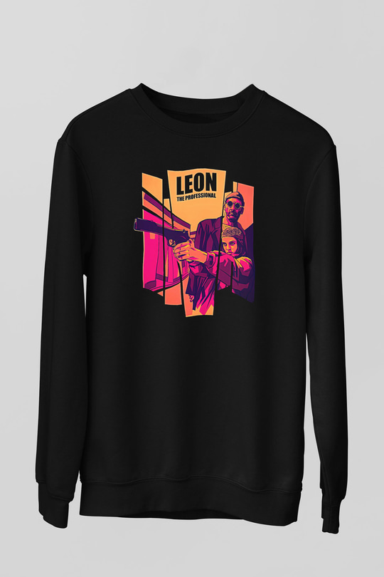 Leon Baskılı Unisex Siyah Sweatshirt