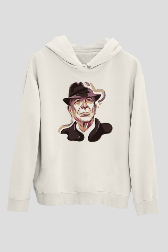 Leonard Cohen Baskılı Beyaz Unisex Kapüşonlu Sweatshirt