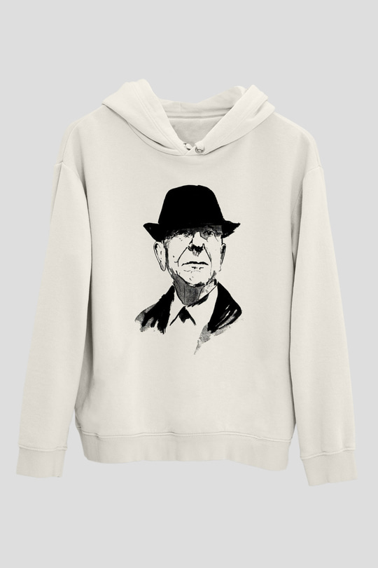 Leonard Cohen Baskılı Beyaz Unisex Kapüşonlu Sweatshirt