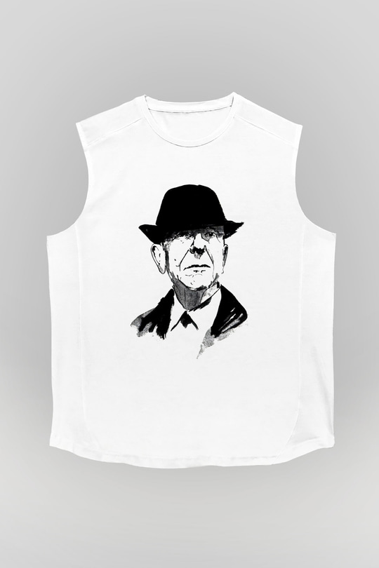 Leonard Cohen Baskılı Beyaz Unisex Kolsuz Tişört - Tshirt