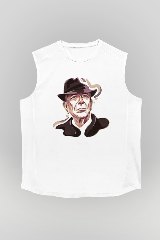 Leonard Cohen Baskılı Beyaz Unisex Kolsuz Tişört - Tshirt