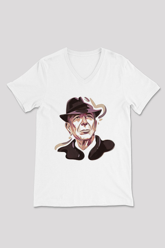 Leonard Cohen Baskılı Beyaz Unisex V Yaka Tişört - Tshirt