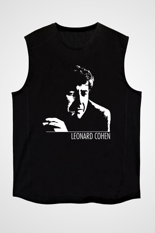 Leonard Cohen Baskılı Unisex Siyah Kolsuz Tişört - Tshirt