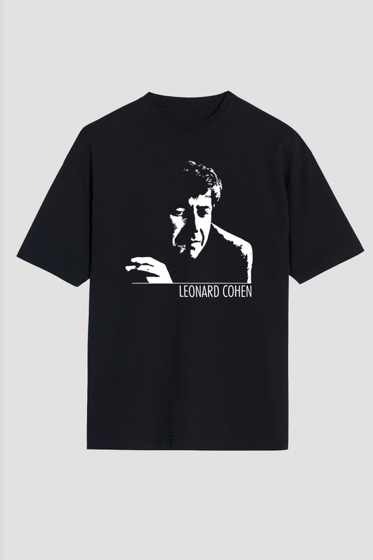 Leonard Cohen Baskılı Unisex Siyah Oversize Tişört - Tshirt