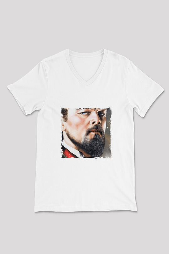 Leonardo DiCaprio Baskılı V Yaka Unisex Beyaz Tişört
