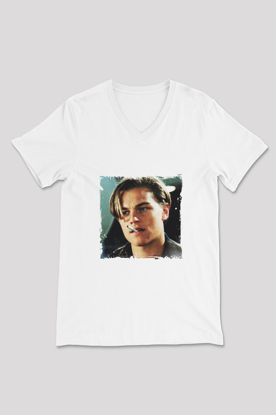 Leonardo DiCaprio Baskılı V Yaka Unisex Beyaz Tişört
