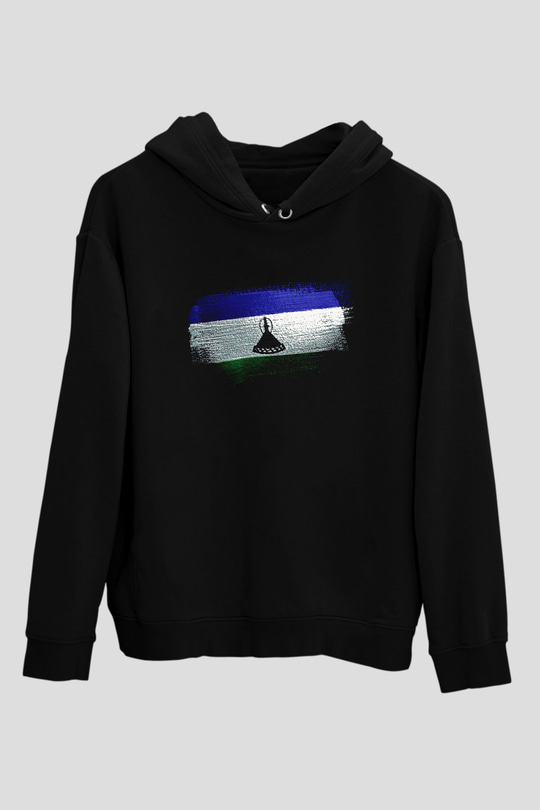 Lesotho Bayrağı Baskılı Unisex Siyah Kapüşonlu Sweatshirt