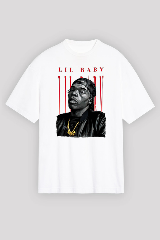 Lil Baby Baskılı Beyaz Unisex Oversize Tişört - Tshirt