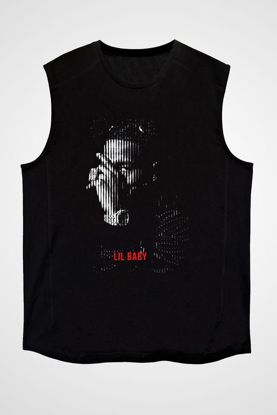 Lil Baby Baskılı Unisex Siyah Kolsuz Tişört - Tshirt