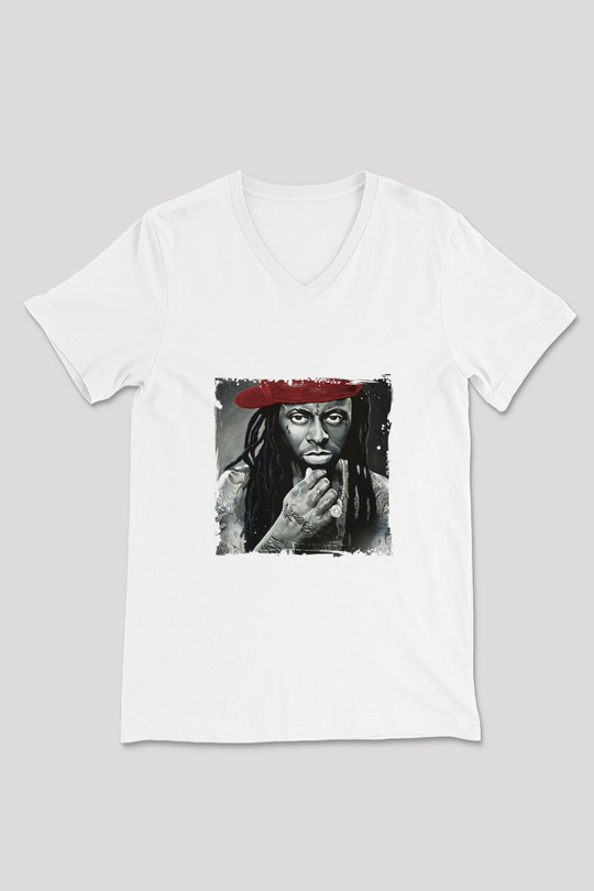 Lil Wayne Baskılı Beyaz V Yaka Unisex Tişört