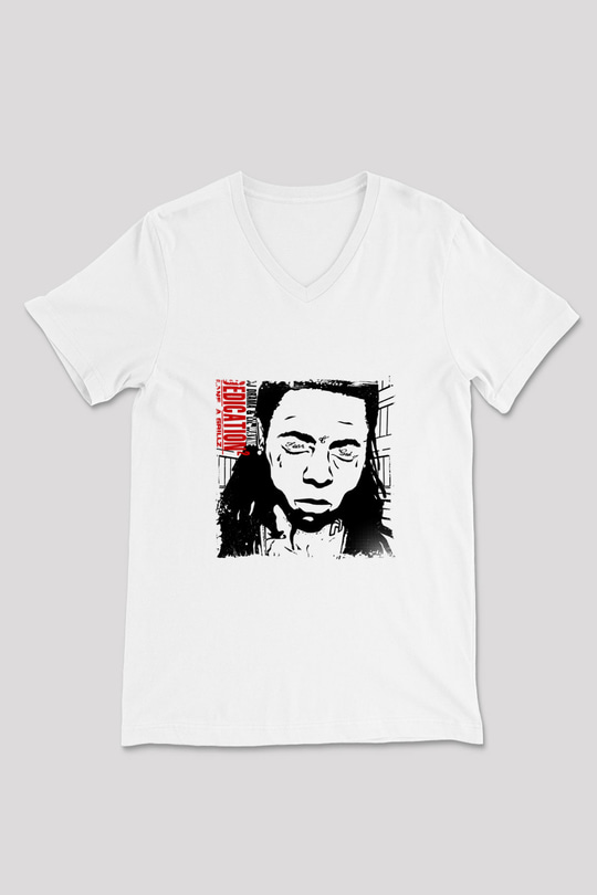 Lil Wayne Baskılı Beyaz V Yaka Unisex Tişört