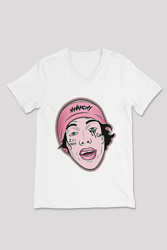 Lil Xan Baskılı Beyaz Unisex V Yaka Tişört - Tshirt