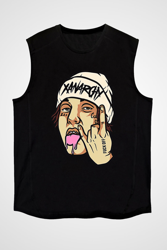Lil Xan Baskılı Unisex Siyah Kolsuz Tişört - Tshirt