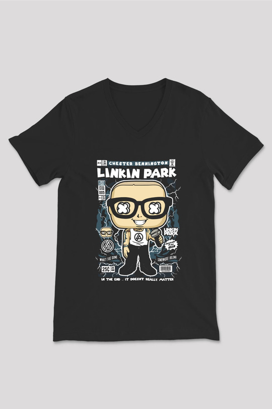 Linkin Park Baskılı Unisex Siyah V Yaka Tişört
