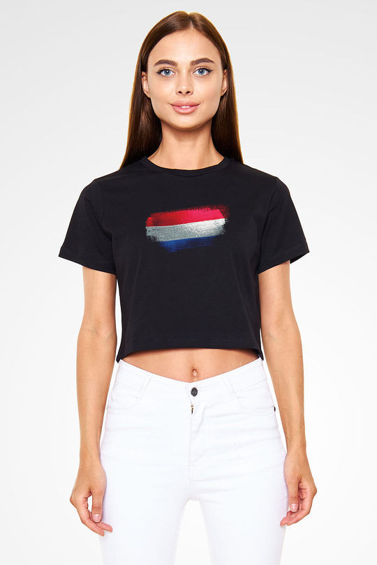 Lüksemburg - Luxembourg Bayrağı Baskılı Kadın Crop Top Siyah Tişört