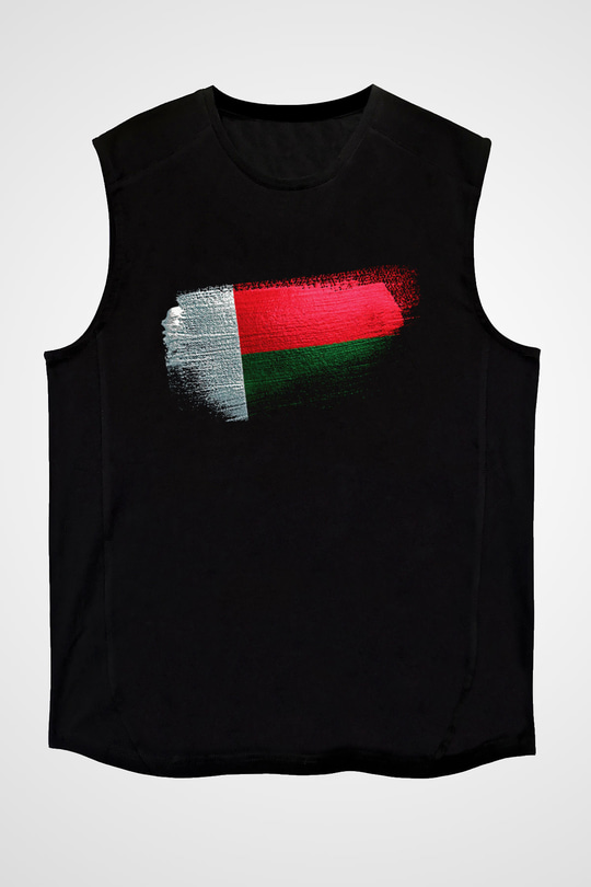 Madagaskar - Madagascar Bayrağı Baskılı Unisex Siyah Kolsuz Tişört