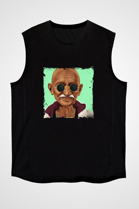 Mahatma Gandi Baskılı Unisex Siyah Kolsuz Tişört