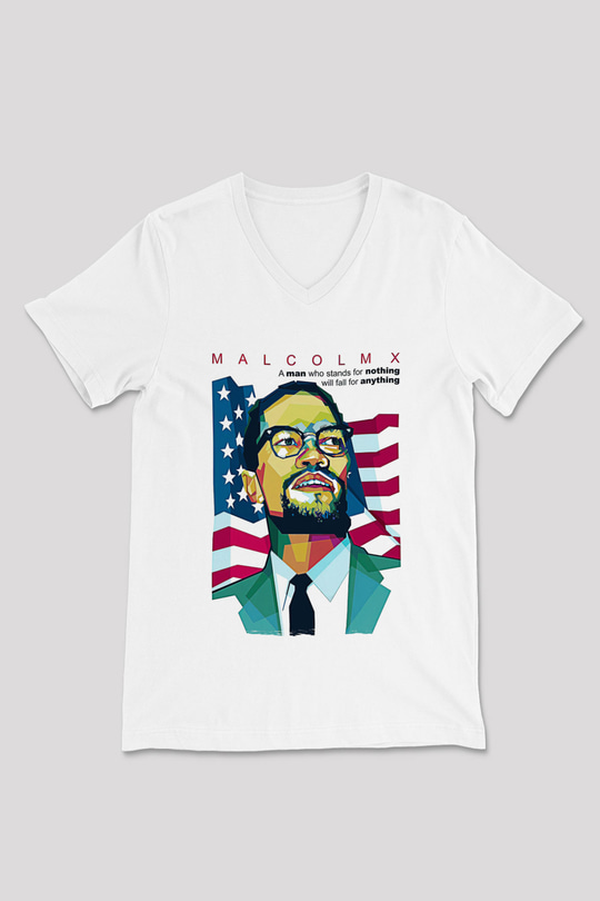 Malcolm X James Baskılı Beyaz Unisex V Yaka Tişört - Tshirt