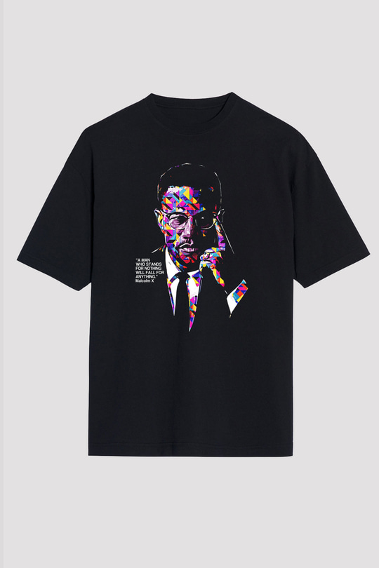 Malcolm X James Baskılı Unisex Siyah Oversize Tişört - Tshirt