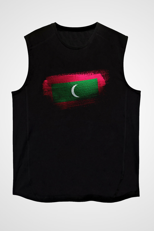 Maldivler - Maldives Bayrağı Baskılı Unisex Siyah Kolsuz Tişört