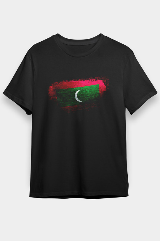 Maldivler - Maldives Bayrağı Baskılı Unisex Siyah Tişört