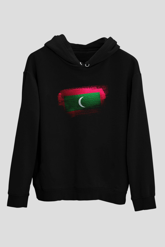 Maldivler - Maldives Bayrağı Baskılı Unisex Siyah Kapüşonlu Sweatshirt
