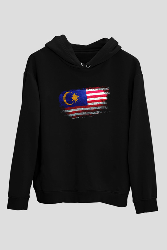 Malezya - Malaysia Bayrağı Baskılı Unisex Siyah Kapüşonlu Sweatshirt