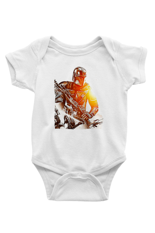 Mandolarian Baskılı Beyaz Unisex Bebek Body - Zıbın