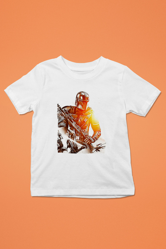 Mandolarian Baskılı Beyaz Unisex Beyaz Çocuk Tişört - Tshirt