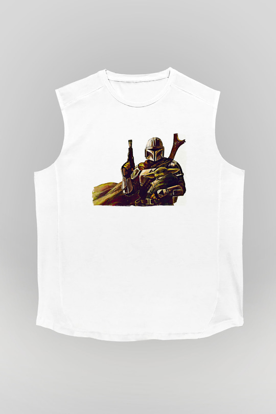 Mandolarian Baskılı Beyaz Unisex Kolsuz Tişört - Tshirt