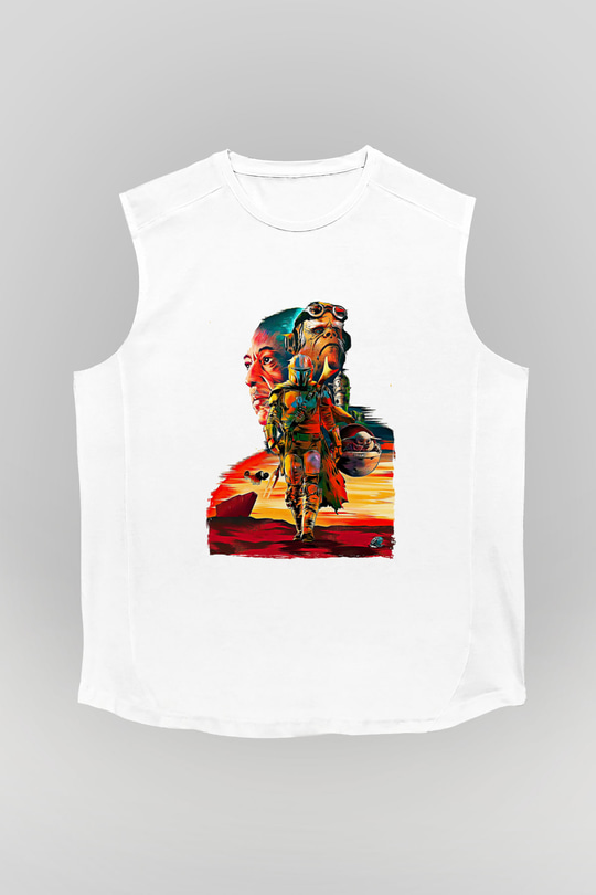 Mandolarian Baskılı Beyaz Unisex Kolsuz Tişört - Tshirt