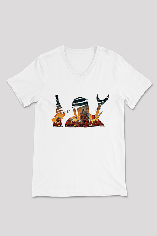 Mandolarian Baskılı Beyaz Unisex V Yaka Tişört - Tshirt