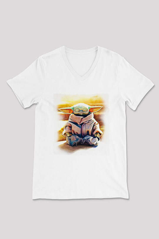 Mandolarian Baskılı Beyaz Unisex V Yaka Tişört - Tshirt