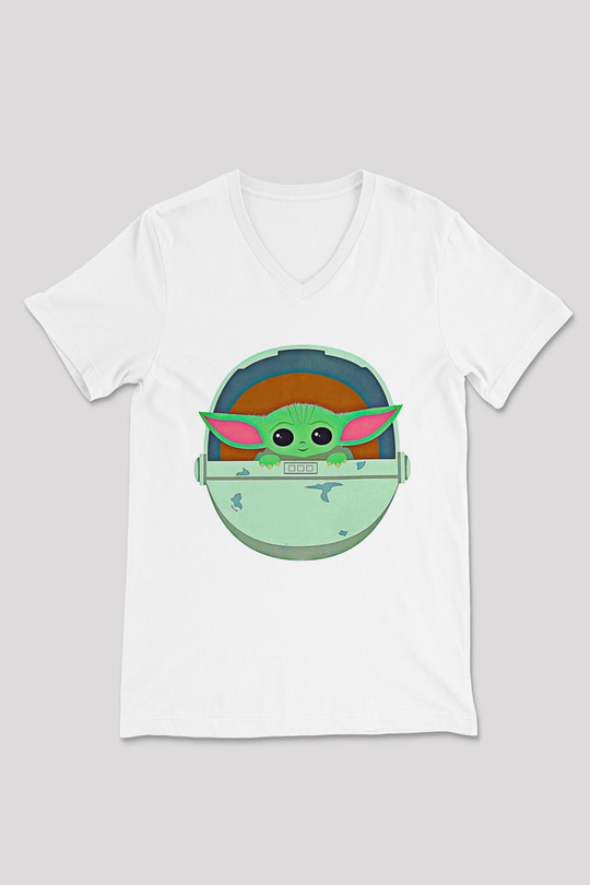 Mandolarian Baskılı Beyaz Unisex V Yaka Tişört - Tshirt