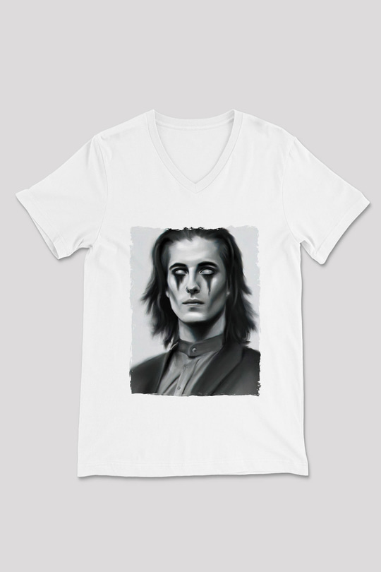 Maneskin Baskılı Beyaz Unisex V Yaka Tişört - Tshirt