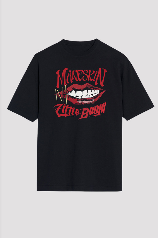 Maneskin Baskılı Unisex Siyah Oversize Tişört - Tshirt