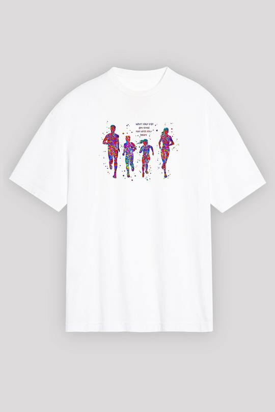 Maraton Baskılı Unisex Beyaz Oversize Tişört - Tshirt