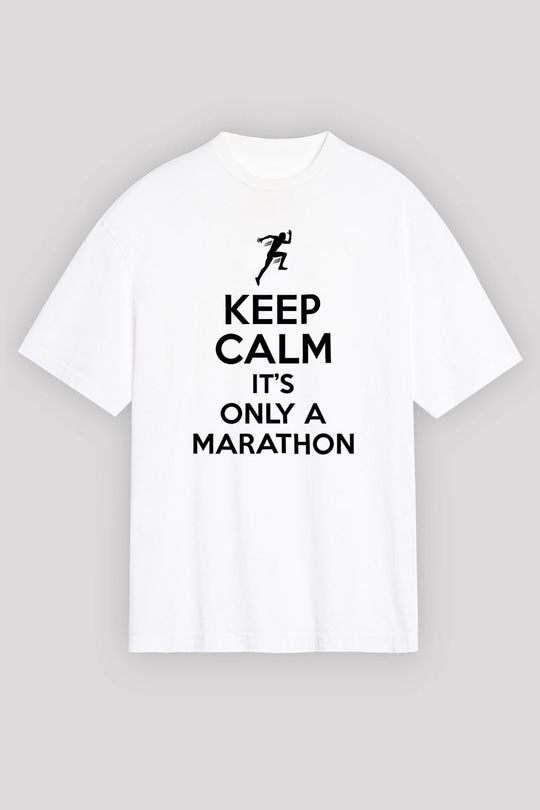 Maraton Baskılı Unisex Beyaz Oversize Tişört - Tshirt