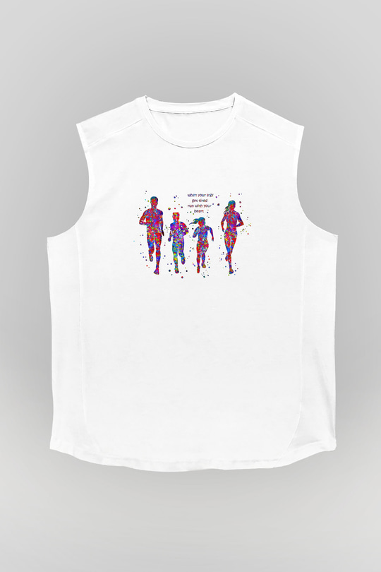 Maraton Baskılı Unisex Kolsuz Beyaz Tişört
