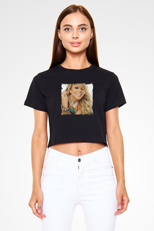 Mariah Carey Baskılı Crop Top Siyah Kadın Tişört