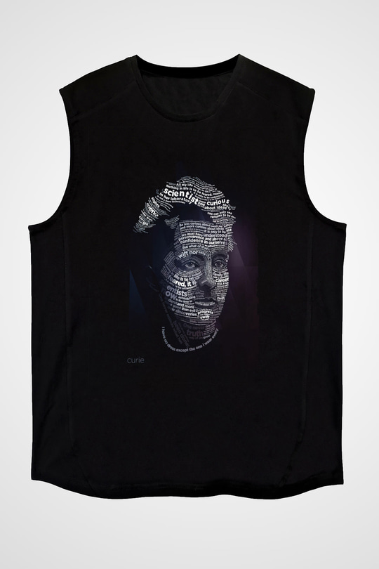 Marie Curie Tipografi Baskılı Unisex Kolsuz Siyah Tişört - Tshirt