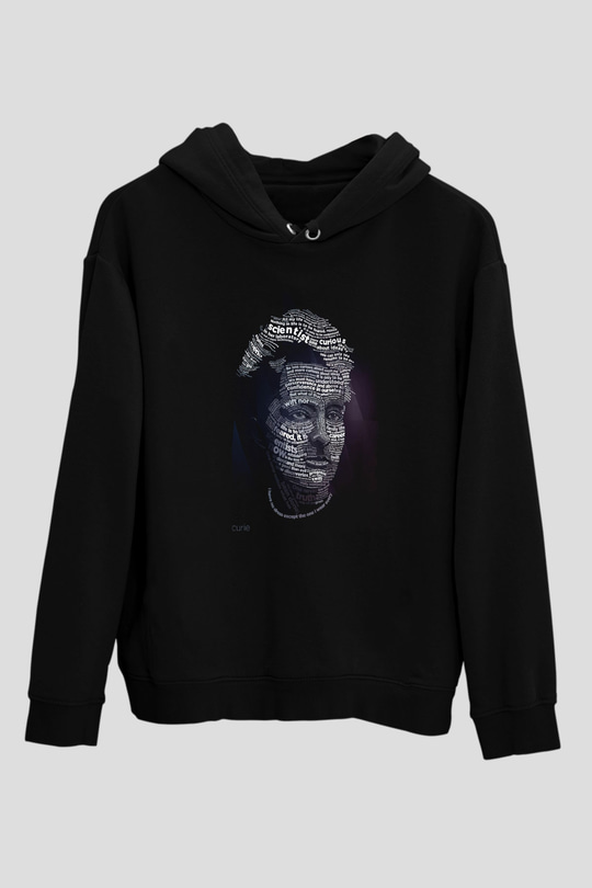 Marie Curie Tipografi Baskılı Unisex Siyah Hoodie